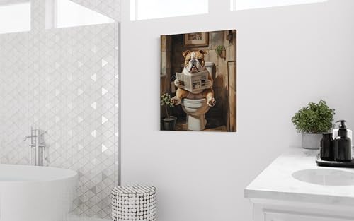 Image of Bulldog on Toilet Wall Art Print Canvas Wrapped, Dog Bathroom Humor Decor Posters Prints for Restroom Home Picture Painting Artwork Gallery 7 (Bulldog, 20 inchL x 16 inchW CANVAS, Wrapped Canvas)
