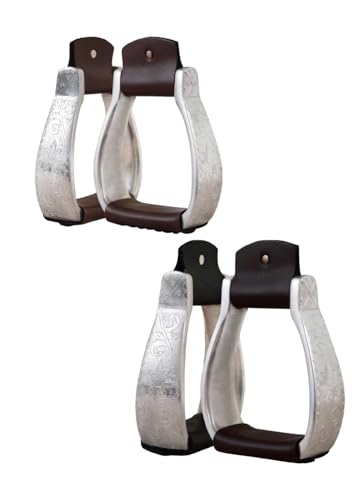 Black Brown Leather Engraved Horse Riding Western Saddle Stirrups Stainless Steel (Brown)