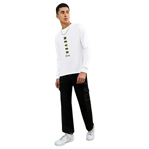 Image of Bewakoof Men's Never Mind Stripe Typography 100% Cotton T-Shirt- Oversized Fit, Round Neck, Long Sleeve