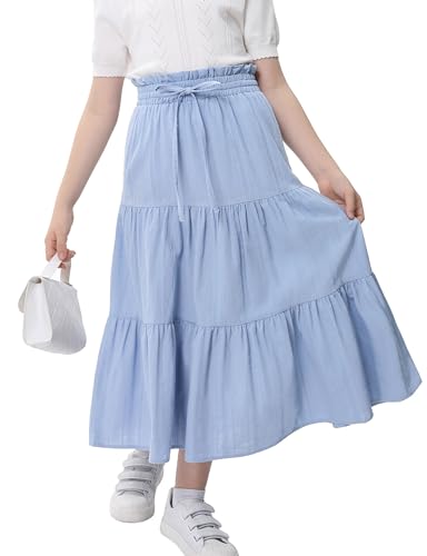 Image of Maxi Skorts Skirt for Girls Button Front High Waisted Long Skirt with Belt Ruffled Skirts with Pocket 3-12Years
