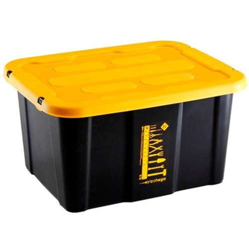 ACAN Tradineur   Caja de almacenaje apilable con tapa, plástico, cajón multiusos, ordenación, herramientas, hogar, fabricada en España (Amarillo y negro   30 litros   48 x 38 x 25,5 cm)