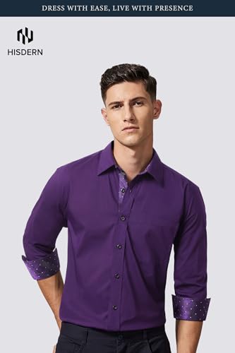 Image of HISDERN Mens Business Dress Shirts Long Sleeve Casual Button Down Shirt Formal Inner Collar Contrast Shirt for Men Wedding