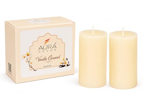 Image of AuraDecor Vanilla Caramel Scented Pillar Candles | Set of 2 | 25 Hours Burn Time Each | Smokeless Paraffin Wax Candles | Long Lasting Fragrance | Decorative Candle for Home Decor & Gifts