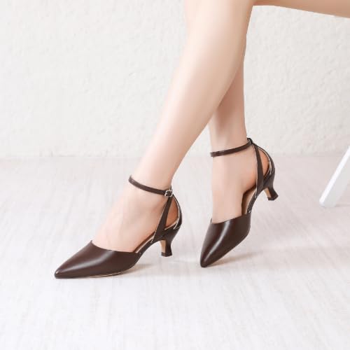 Image of RIBONGZ Comfortable Kitten Heels for Women Pointed Closed Toe Ankle Strap Buckle Heels Slip on Low Heel Church Pumps Wedding Bridal Party Dressy Shoes