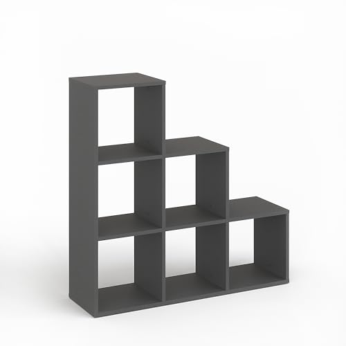 Komto Bibliothèque Escalier Anthracite – Meuble Cube de Rangement 6 Cases 30x30 cm, Casier en Bois pour Salon, Chambre ou Bureau | Étagère Vexo