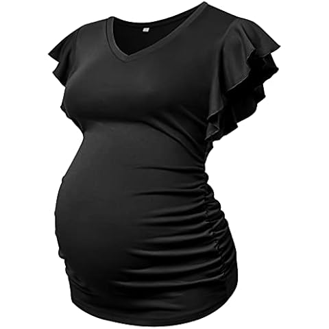 MOMOOD Maternity Pregnancy V Neck Fly Short Sleeve Stylish T Shirt Pregnant Side Ruched Top Shirt Black L Cover