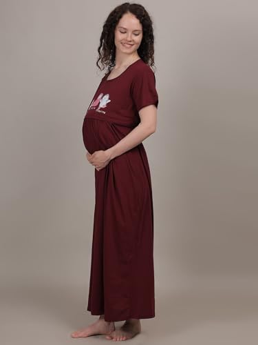 Image of Fabme Women's Full Length Printed Pre and Post Pregnancy Pure Cotton Nursing Nightdress Nighty