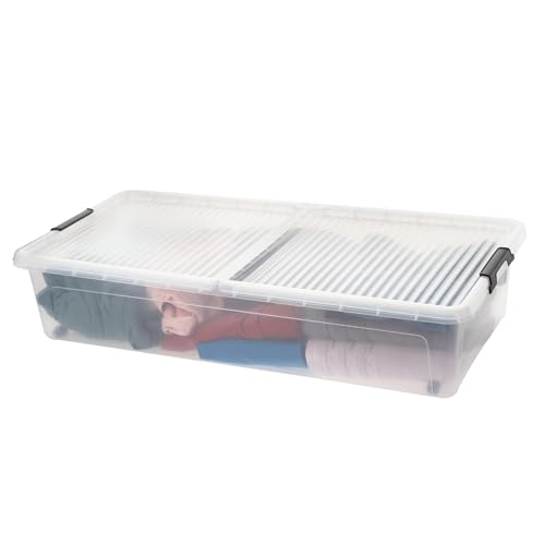 LIVINJA Unterbettbox mit Rollen, 2er Set Unterbett Aufbewahrungsbox, 78 x 38 x 16 cm (32 Liter) - Geteilter Deckel, Clip-Verschlüsse, Transparent, Hergestellt in der EU