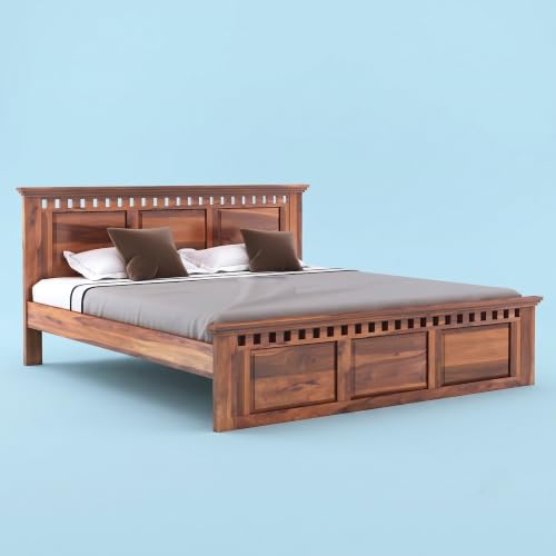 Image of Solid Sheesham Wood King Size Bed with Headboard, Without Storage Cot, Double Bed Furniture for Livingroom, Bedroom, Guestroom, Hotelroom Areas