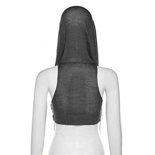 Image of Women's Knitted Hoodie Sweater Vest Sexy Sleeveless Hollow Out Hooded Crop Top Draped Sweatshirt Streetwear