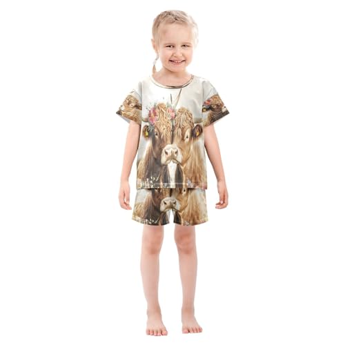 ALAZA Highland Cow Cattle in Love Flower Pajamas Set Short Sleeve Cotton Sleepwear Summer Pjs 2 Piece 5-14Y3