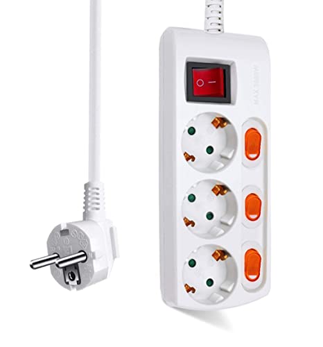 EXTRASTAR Regleta con 3 Enchufes + 3 Interruptor Individuales, 1 Interruptor Principal, 3680W, 250V, 1.5M, Blanco, 1pcs
