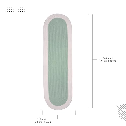 Image of Encasa XO Table Runner for 4 Seater | Handmade Ribbed Style Cotton | 30x91 cm | Sage & Off White | for Dining & Center Table