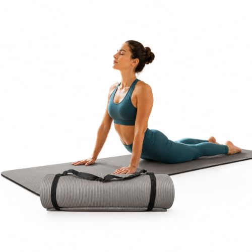 Image of Yoga & Exercise Mat with Carry Strap | Nitrile Butadiene Rubber (NBR) Anti-Slip Workout Mat for Yoga, Pilates, Meditation, Stretching & Home Gym Fitness | Men & Women (Grey-10mm)