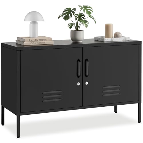 tectake® Aparador Metálico 2 Puertas con Cerradura Magnética, Mueble TV Salon, Estante Ajustable, Muebles de Salon, Protección Antivuelco, Muebles TV - 42,5 x 100 x 65 cm Negro