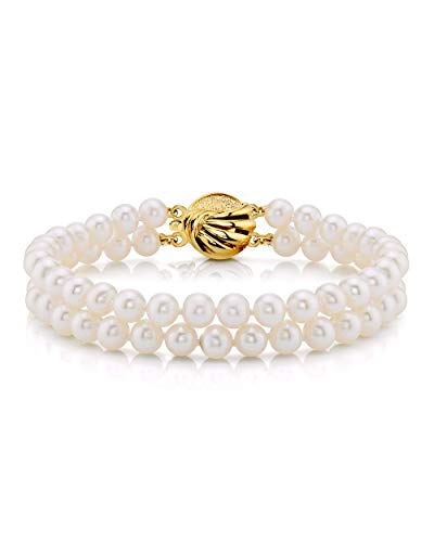 The Pearl Source Yellow Gold Plated AAAA Quality Round White Freshwater Cultured Pearl Double Strand Bracelet for Women