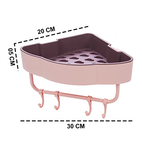 Image of Klaxon Ares Self Adhesive Corner Shelf with Towel Holder & Hooks | Wall Mounted Rack for Bathroom /Kitchen /Washbasin (Pink)