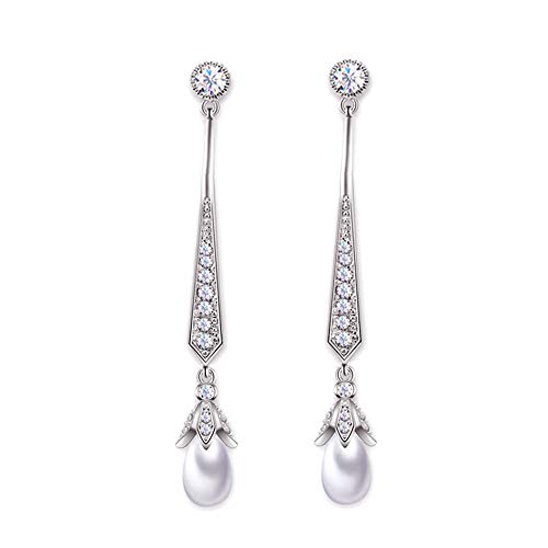 HAISWET Elegant Bride Dangle Drop Earrings Pierced Simulated Pearl Cubic Zirconia Silver Tone