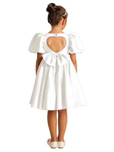 Satin Flower Girl Dress Backless Princess Pageant Junior Bridesmaid Dresses Puff Sleeves Birthday Gowns with Bow