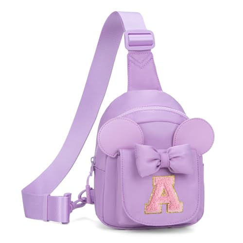 Viverte Birthday Gifts for Girl Initial Sling Bag Fanny Packs Cute Mouse Ear Crossbody Bag Travel Daily Purse for Daughter Girls(Lavender-A)