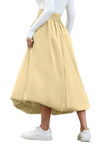 Women's Bubble Long Skirt Elastic Waist A-Line Pleated Ruffle Flowy Balloon Maxi Skirts with Pockets