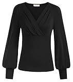 Belle Poque Damen Bluse Oberteil Langarm Elegant Gothic V-Ausschnitt mit Laternenärmel Cocktail Casual Party Baumwollshirt Schwarz S
