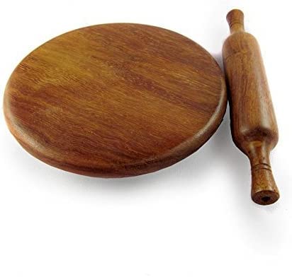 IBLAY Placa de madeira, tábua de servir, chakra Chapati redondo, perfeito para fazer Chappati em casa, máquina Roti/Chapati de madeira, conjunto de rolos de madeira e rolo (Chakla Belan) (9 polegadas)