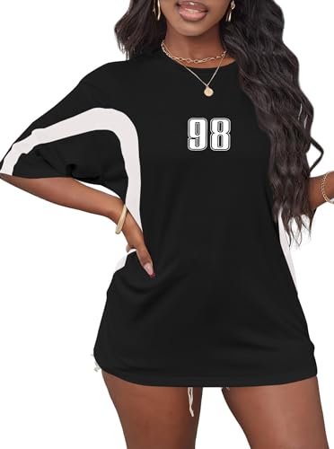Hilinker Womens Oversized Graphic Tshirts Casual Summer Tees Short Sleeve Color Block Tops White Black Medium3