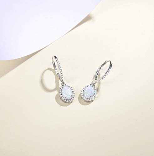 FANCIME Lever Back Earrings Sterling Silver Created White Fire Opal Halo Cubic Zirconia French Back Earrings Opal Jewelry for Women3