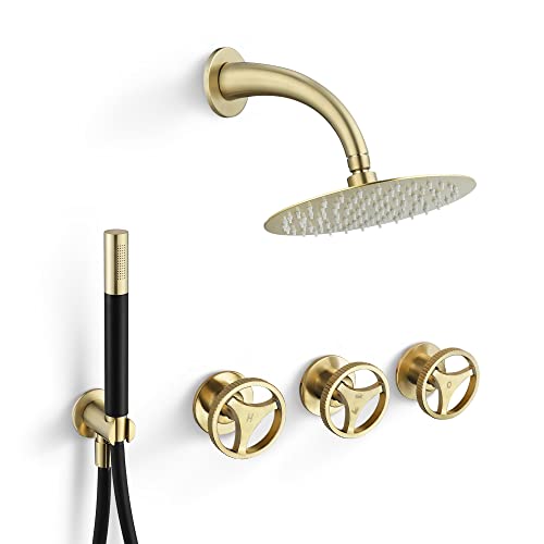 Skowll Shower Faucet Set Wall Mount 8 Inch Shower Head Valve System Industrial Shower Mixer Set 3 Handle Rain Shower Fixtures Set, Brushed Gold #TOP5