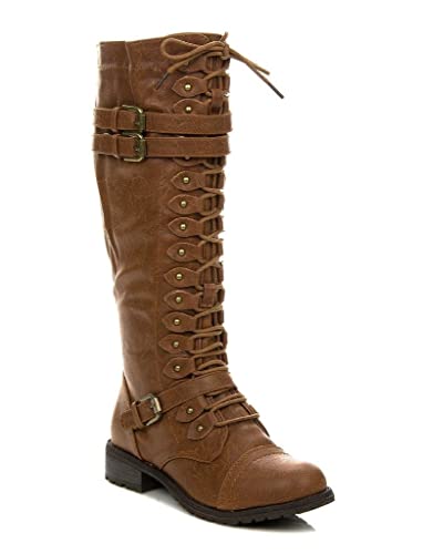 Wild Diva Timberly Women's Fashion Lace Up Buckle Knee High Combat Boots2