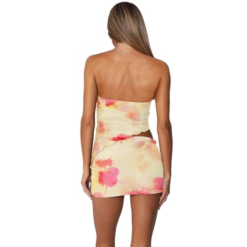 Two Piece Skirt Set for Women Summer Asymmetrical Mesh Strapless Tube Tops Mini Skirt Set Going Out Outfits3