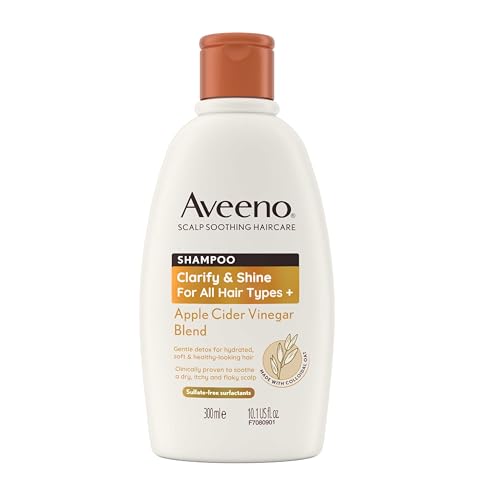 44% off - Aveeno Scalp Soothing Haircare Clarify & Shine Shampoo, Apple Cider Vinegar Blend, for All Hair Types, Soothes Dry, Itchy & Flaky Scalp, Clinically Proven, Sulfate Free, 300ml