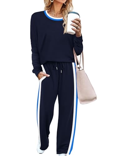 WIHOLL 2 Piece Lounge Sets for Women Long Sleeve Tops Wide Leg Sweatpants Sweatsuits with Pockets