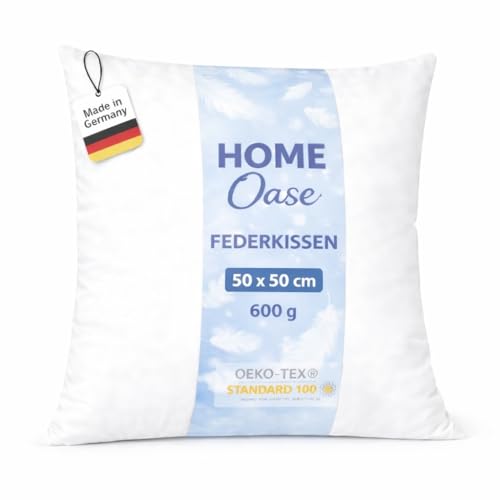 Home Oase Federkissen 50x50 cm (1er Set) - Kopfkissen mit 100% Federfüllung und Bezug aus Bauwmolle Oeko-Tex Zertifiziert perfekt für Allergiker und Kinder 600 g Füllung