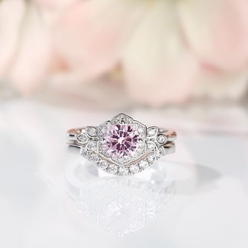 Jeulia Gemstone Wedding Ring for Women, Flower Design Round Cut Synthetic Morganite Sterling Silver Ring Vintage Promise Valentine's Day Bridal Set Jewelry with Gift Box4