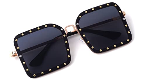 Queens Riveted Large Rimless Square Studded Sunglasses Men Women RH-70822
