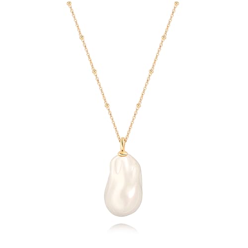 Image of Aobei Pearl Irregular Baroque White Simulated Pearl Pendant Gold Beads Station Necklace Big Shell Pearl Pendant Thin Satellite Chain Necklace for Women