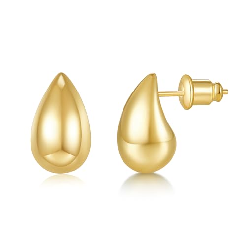 MINDDHA 14K Gold/White Gold Plated 925 Sterling Silver Hoop Teardrop Chunky Earrings | Lightweight Drop Earrings for Women | Designer-Inspired Statement Earrings