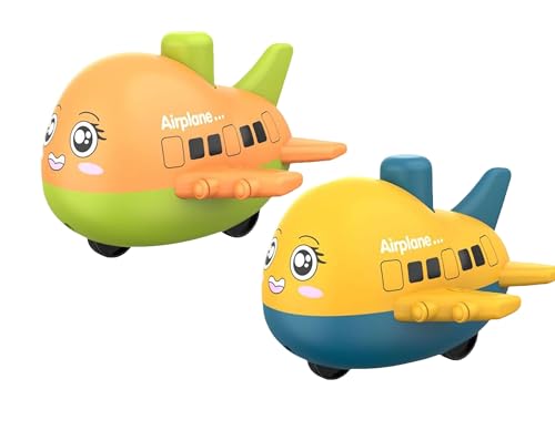 Image of Crackles Press & Go Friction Powered Cartoon Airplane Toy for Babies 6 Months+ - Pack of 2 Crawling Toys for Boys & Girls - Safe Lightweight Gift for Kids 1-5 Years - Multicolor