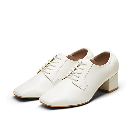 Dream Pairs Women's Sdpu2205W Closed Toe Lace-Up Chunky Pumps Low Block Square Toe Mid Heels Dress Classic Vintage Oxfords Shoes Beige White Pu 5.5 #TOP4