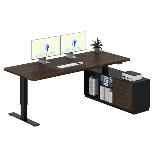 FLEXISPOT L Shaped 71" Standing Desk with Storage Cabinet, Black Walnut