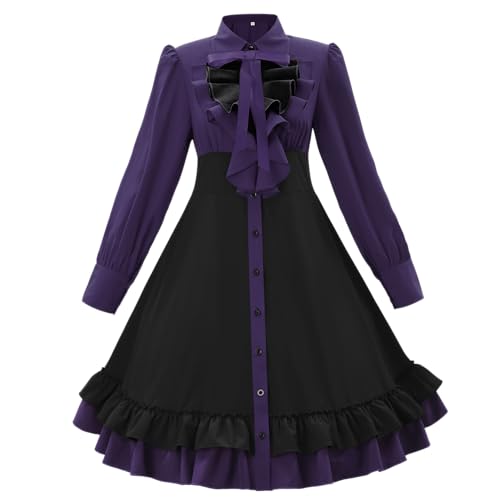 Mambabacosp Vintage Women's Gothic Black Purple Contrast Color Dress Long Sleeve Ruffle Dress With Bowknot (US, Alpha, Small, Regular, Regular, Black+Purple) : Clothing, Shoes & Jewelry