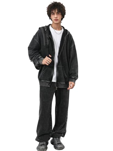 Mens Oversized Sweatshirt Zip Up Hoodie Solid Wash Old Craft Basic Jackets Unisex Heavyweight Casual Sweatshirts3