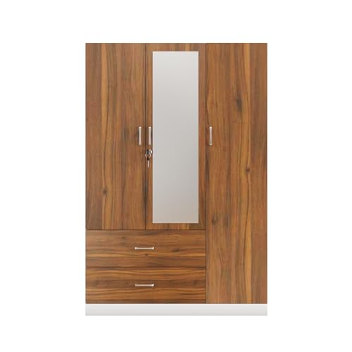 Image of VIKI Wardrobe | Wooden Almirah for Clothes,Door for Bedroom, 3 Door Wardrobe with Drawer, Mirror & Hanging Space (White & Walnut - 40D x 120W x 180H) | 1 Year Warranty | Free Assembly