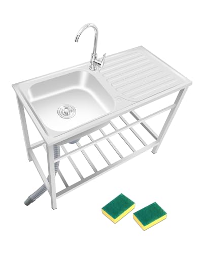 Lavabo per Cucina Commerciale Professionale Catering Lavello In 304 Acciaio Inox Lavabo di Utilità Lavello Portatile Con Rubinetto Lavandino Lavanderia Giardino Ristorante Garage(75x40xH75cm)