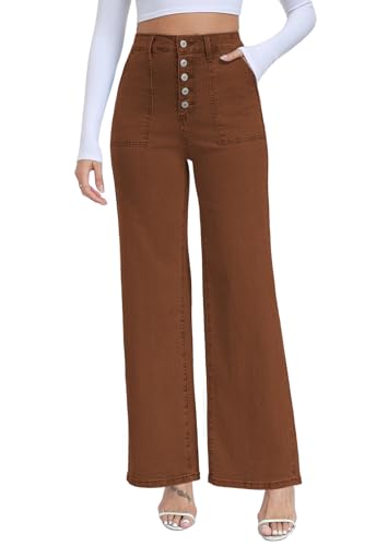 MARIASHA Women's Straight Leg Jeans High Waisted Button Fly Stretch Denim Pants for Women Brown M
