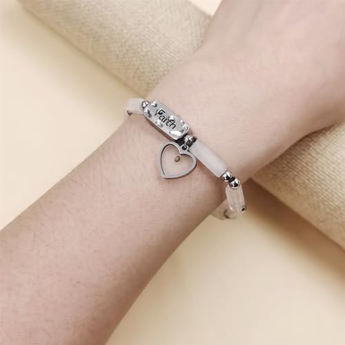 Image of Elastic Faith Bracelet for Women, Adjustable 7 inch Natural Stone Bracelet with Heart Mustard Seed Charm, Spiritual Christian Jewelry for Baptism, Graduation, Religious Celebration YA4856