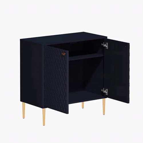 Image of Hexagon Pattern Wooden Sideboard Cabinet | 2 Door Storage Unit with Metal Legs | Premium HDMR Wood Console Cabinet for Living Room, Kitchen & Dining | DIY Leg Assembly | Blue