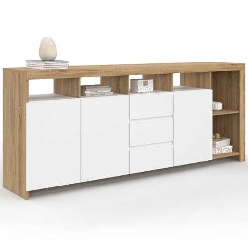 IDMarket - Buffet 180 cm Malo Bois façon hêtre 3 Portes et 3 tiroirs Blancs